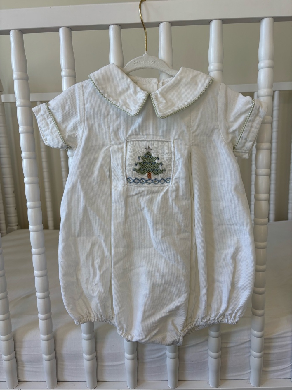 White Corduroy Christmas Tree Smocked Bubble